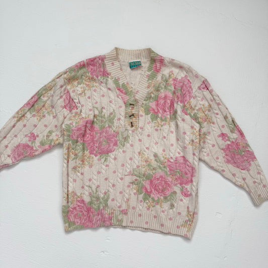 Vintage Fresco Floral Polka Dot Sweater, Size Large