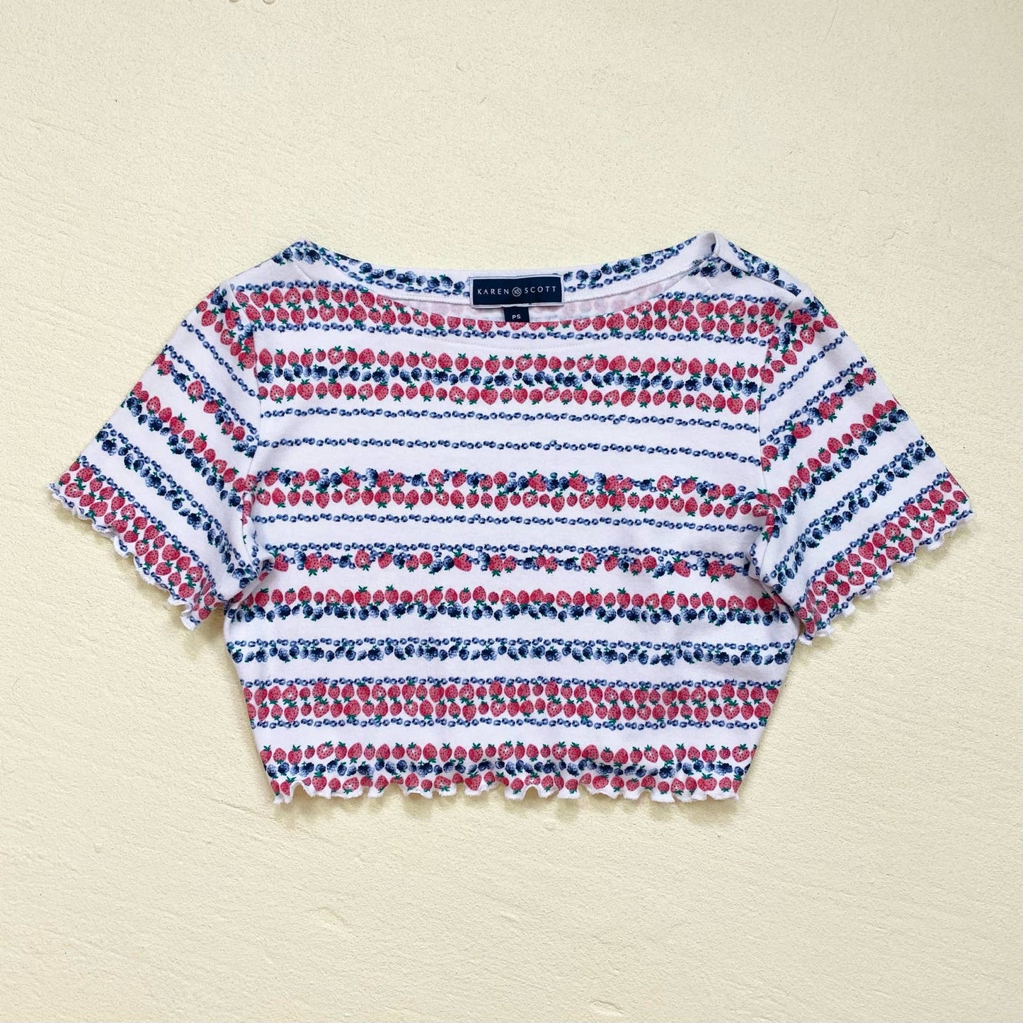 Upcycled Karen Scott Berry Print Crop Tee, Size S/M