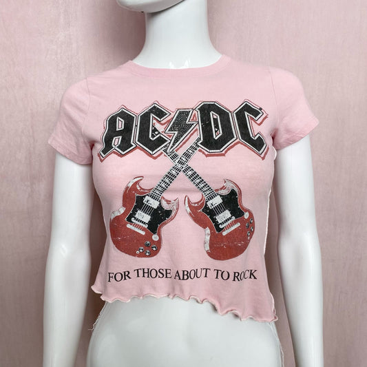Upcycled AC/DC Graphic Asymmetrical Crop Baby Tee, Size Small