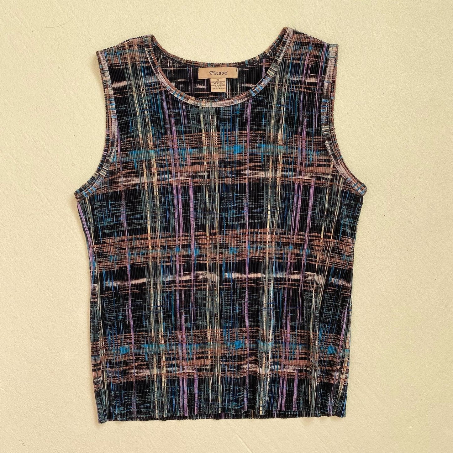 Vintage Plisse Micro Pleated Abstract Tank Top, Size Small