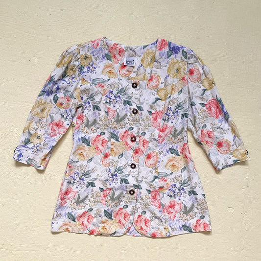 Vintage 80s Kwai Button Up Crop Sleeve Blouse, Size 12