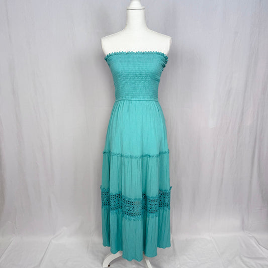 Secondhand Zesica Turquoise Strapless Smocked Boho Maxi Dress, Size Small