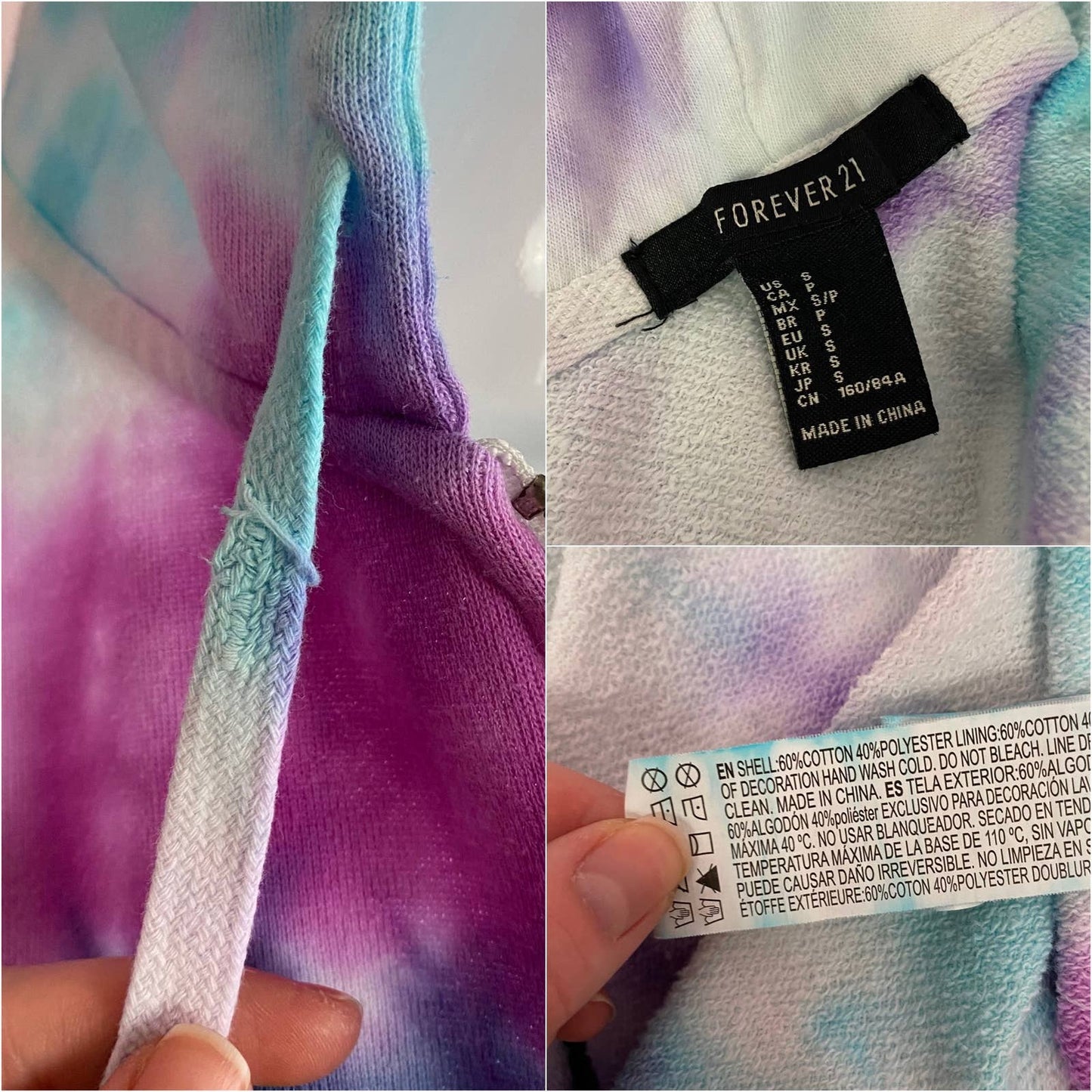 Upcycled Forever 21 Heart Tie Dye Crop Zip Hoodie, Size Small