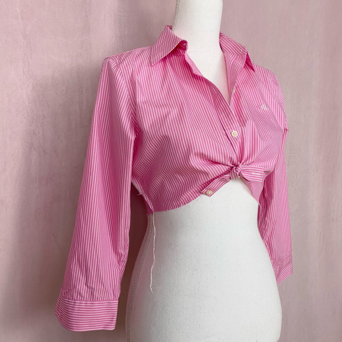 Upcycled Ralph Lauren Pink Stripe Crop Button Up Top, Size XS