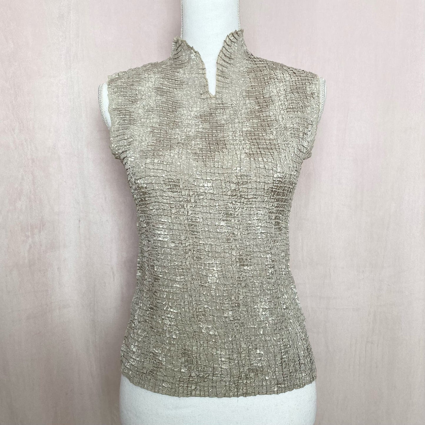Vintage Plisse Crinkle Tank Top Sleeveless Blouse, Size Large