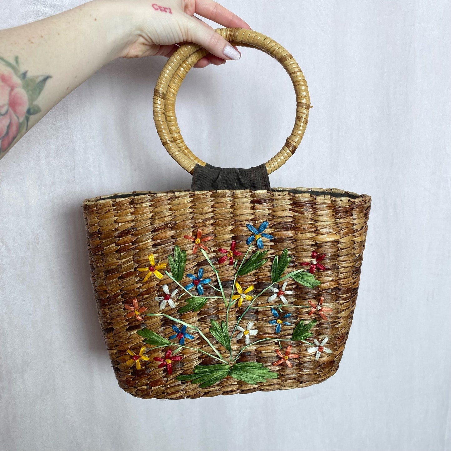 Secondhand Esprit Floral Embroidered Basket Straw Handbag