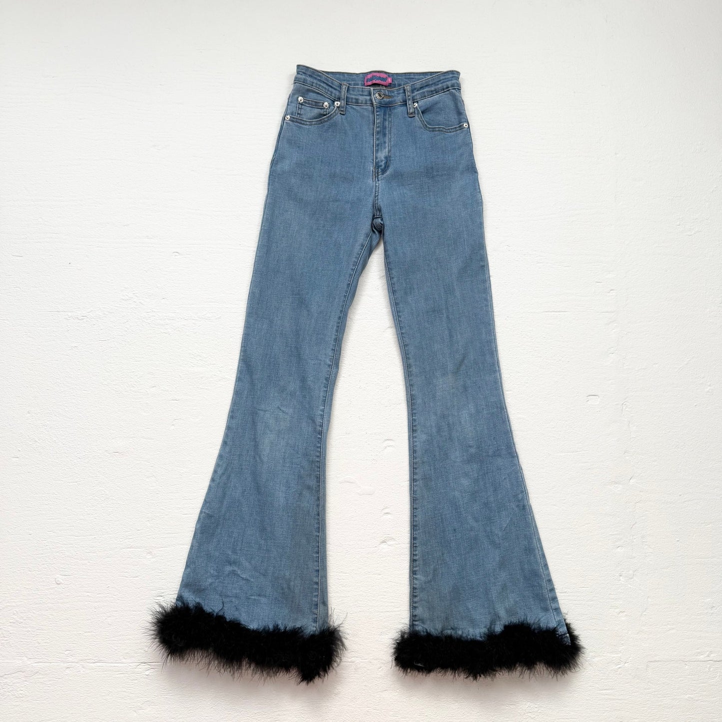 Reworked Edikted Feather Hem High Rise Flare Jeans, Size XS