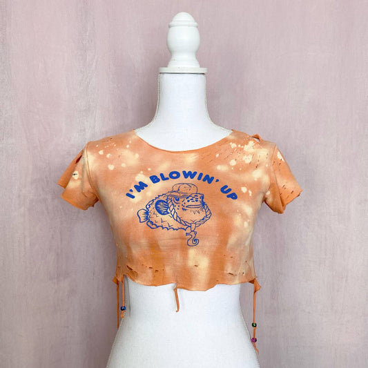 Upcycled I’m Blowin’ Up Distressed Crop Baby Tee, Size XS