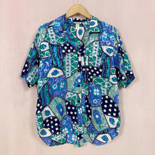 Vintage Nicola Abstract Floral Satin Button Up Shirt, Size Medium