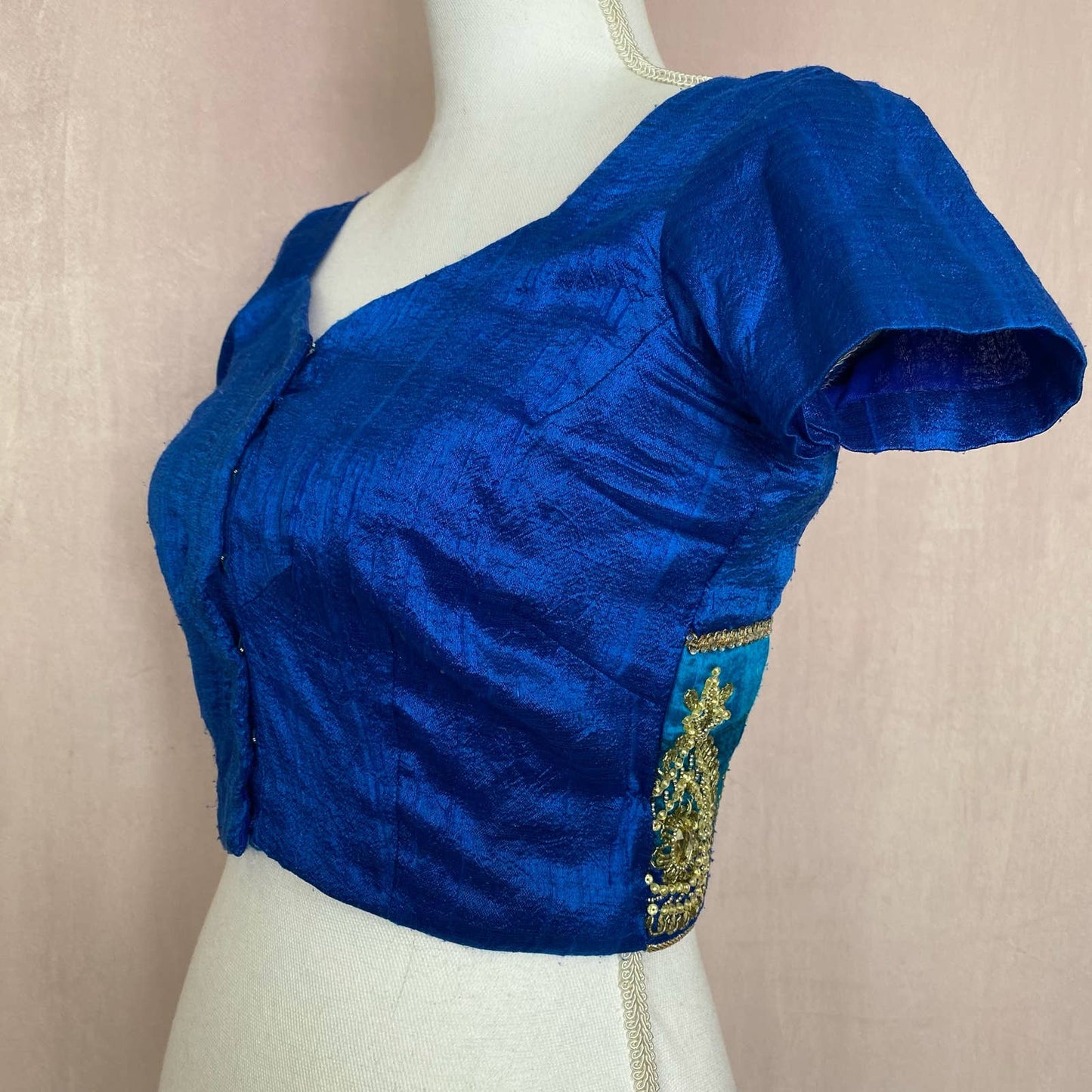 Vintage Embellished Saree Satin Crop Blouse, Size Small