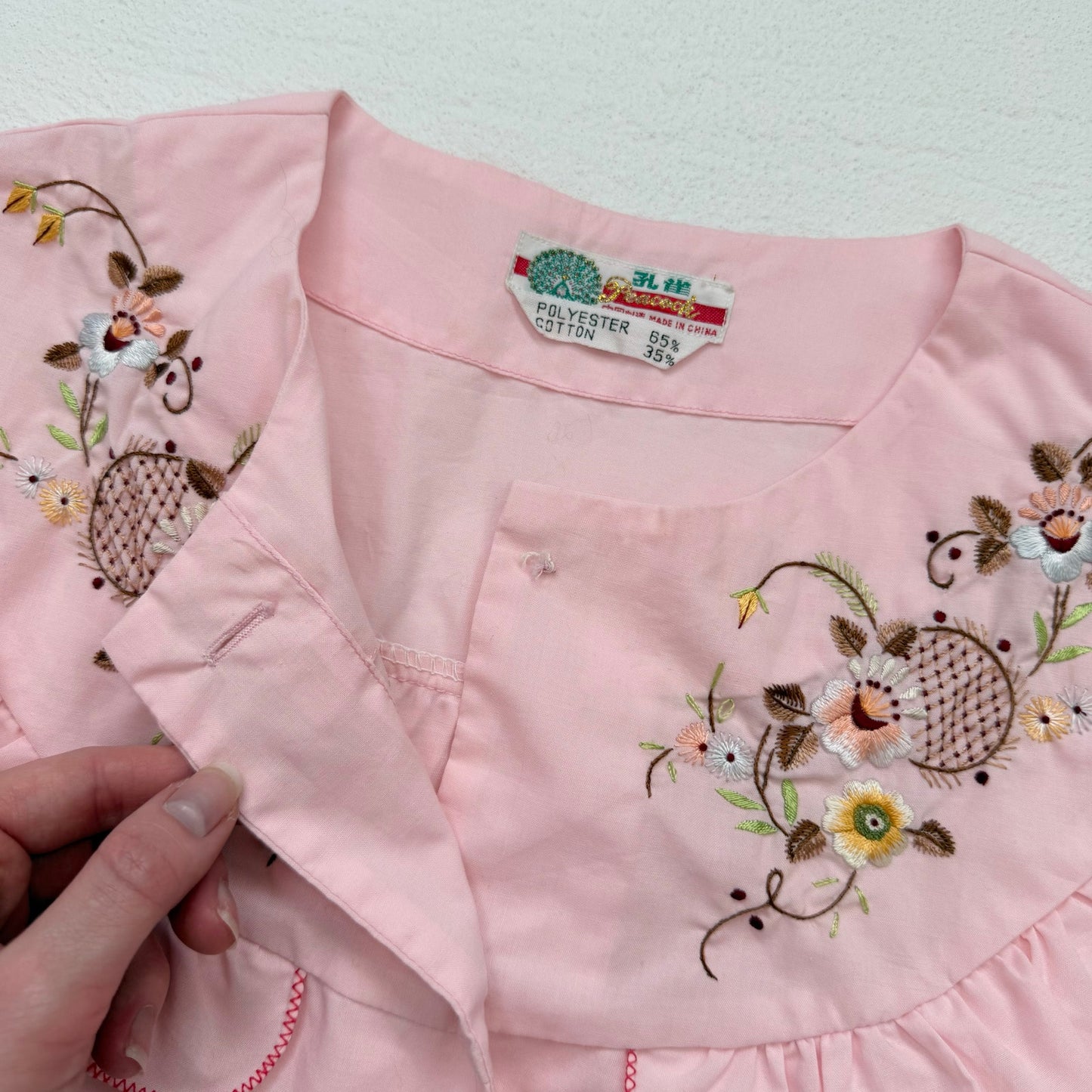 Vintage Pink Embroidered Ruffle Button Up Top, Size Small
