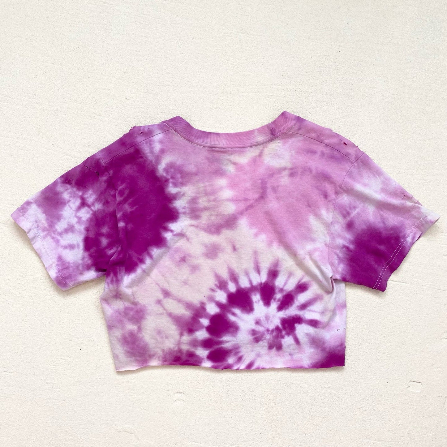 Upcycled Distressed Pink Purple Tie Dye Crop Tee, Size Small