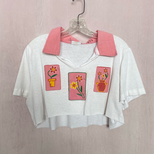 Reworked Vintage Floral Collared Crop Top Tee, Size XL