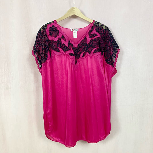Vintage Woman Within Pink Satin Black Lace Top, Size 1X