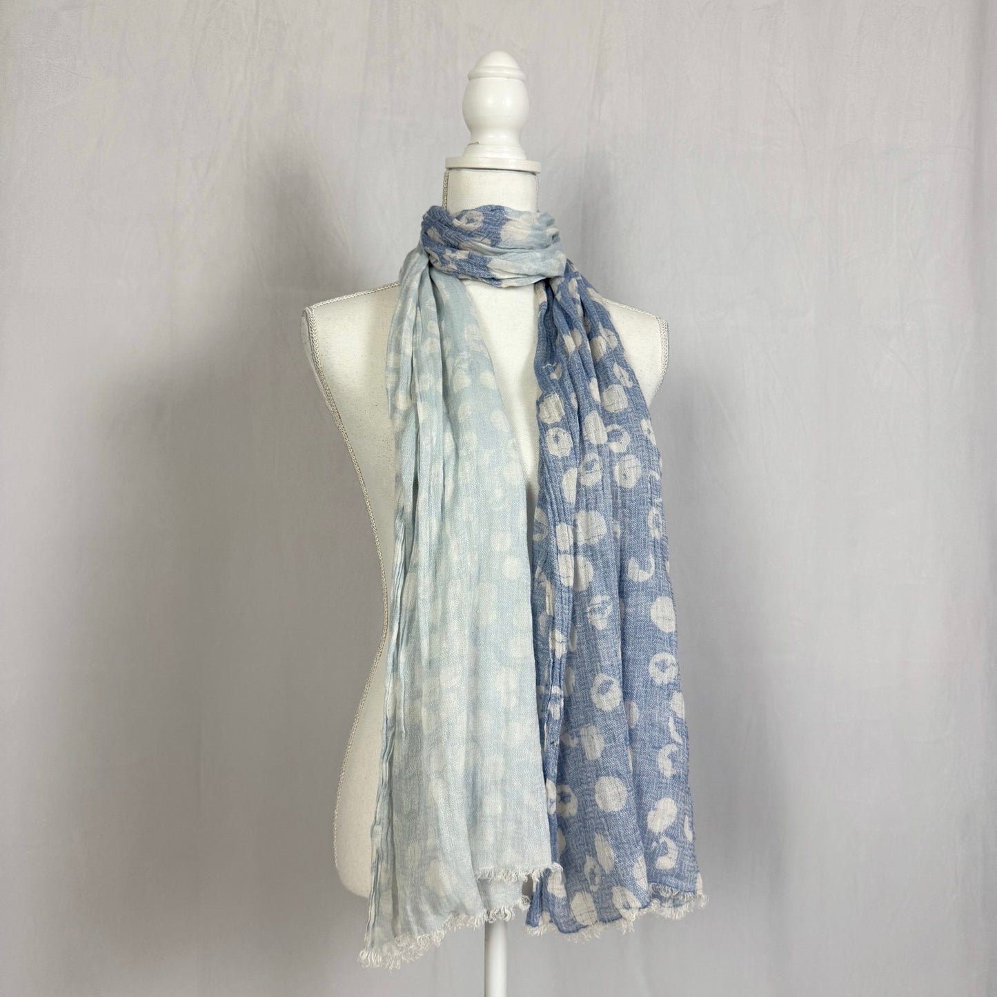 Secondhand Blue Boho Polka Dot Two Tone Fringe Scarf