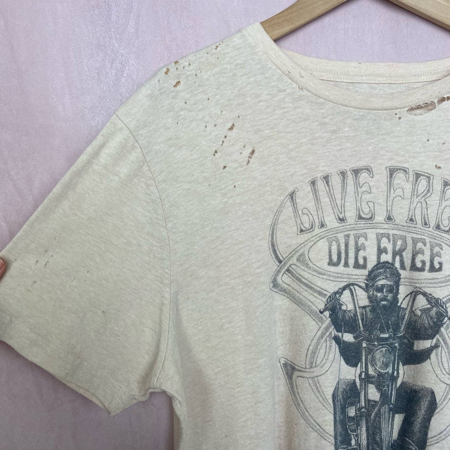 Upcycled Lucky Brand Live Free Die Free Distressed Tee, Size Large