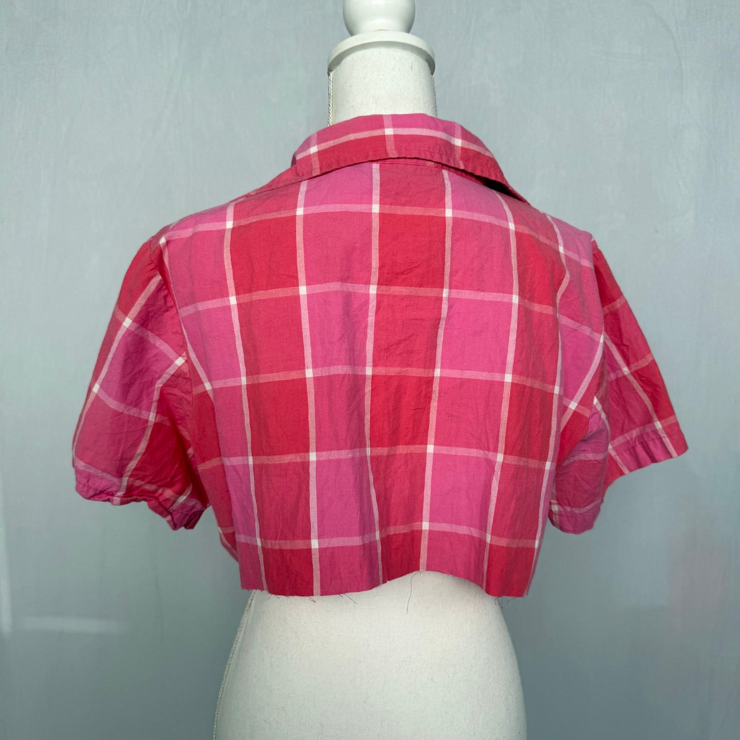 Upcycled Vintage Citicraze Pink Plaid Cropped Button Up Shirt, Size Large