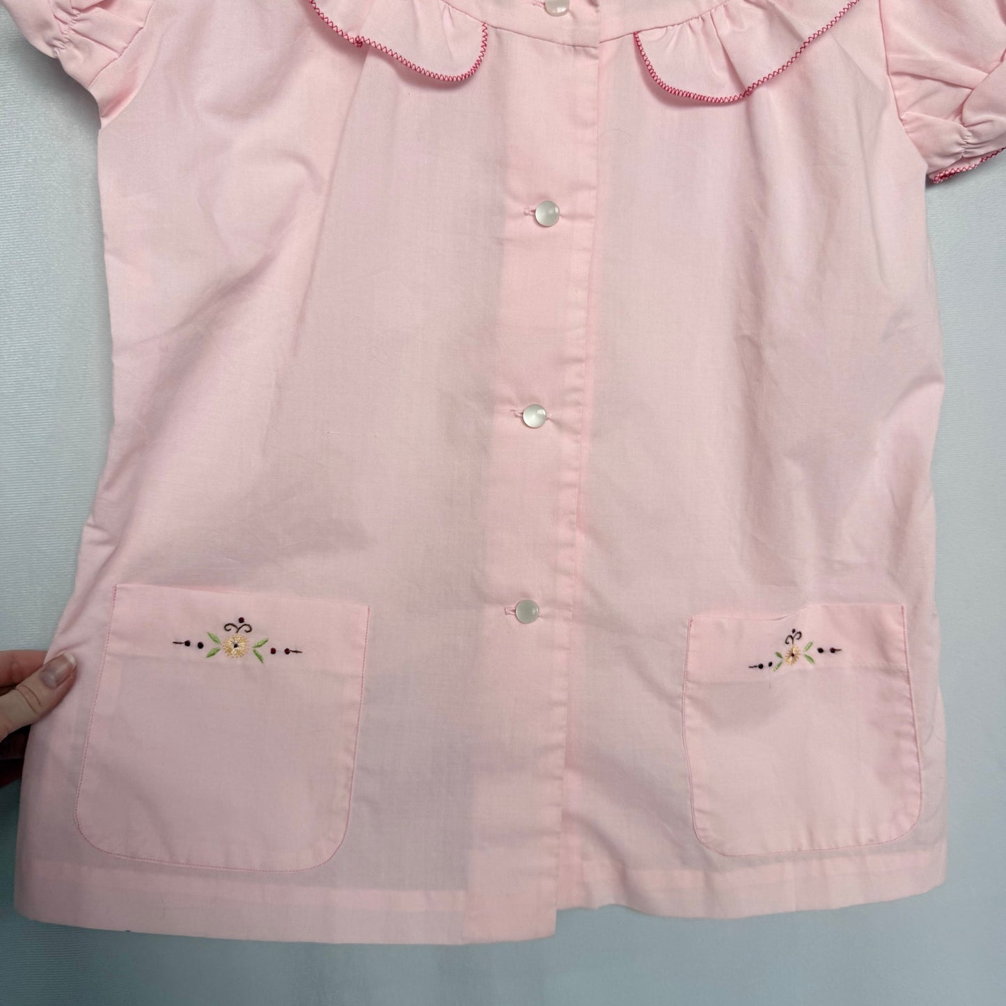 Vintage Pink Embroidered Ruffle Button Up Top, Size Small