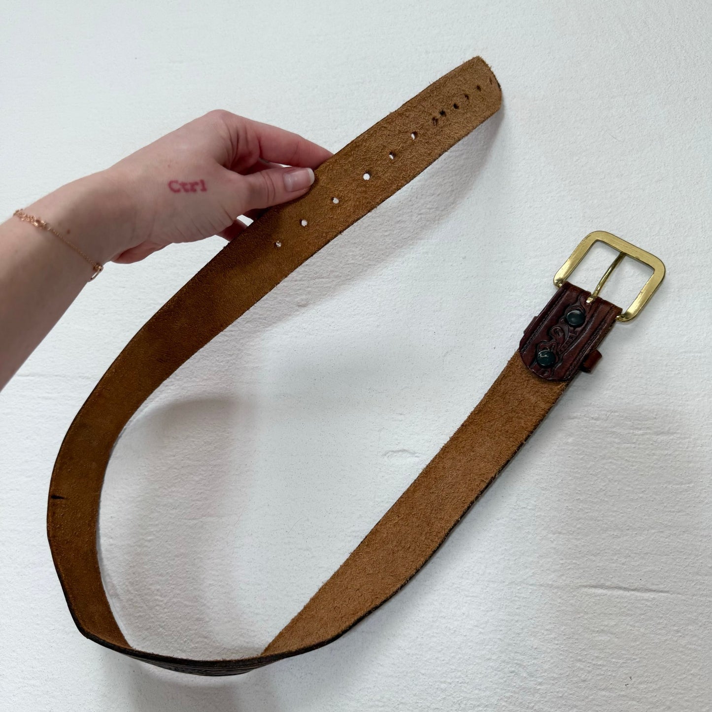 Vintage Brown Tooled Leather Belt, Size M/L