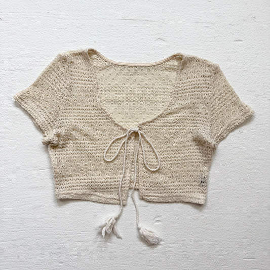 Secondhand Cream Crochet Knit Tie Front Crop Top, Size Small
