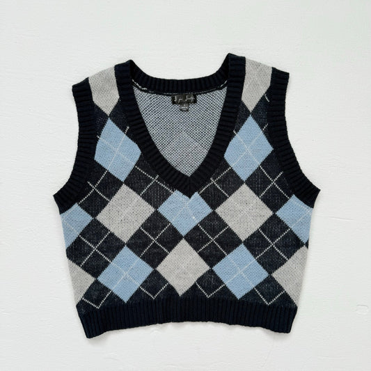 Secondhand J for Justify Blue Argyle Crop Sweater Vest, Size Large