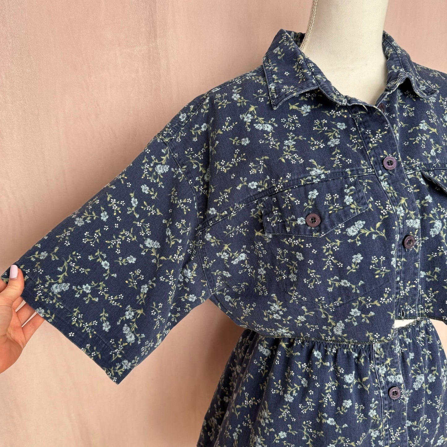Upcycled Button Up Crop Shirt & Skirt Set, Size L/XL