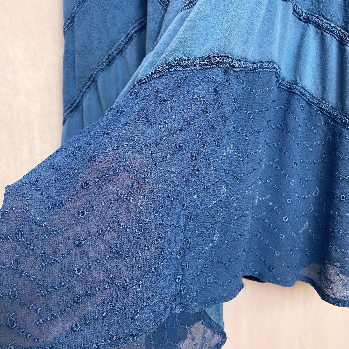 Vintage Boho Hippie Blue Tiered Asymmetrical Midi Skirt, "Free Size"