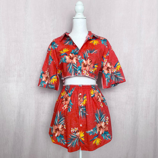 Upcycled Hawaiian Crop Button Up Shirt & Skirt Set, Size XS/S
