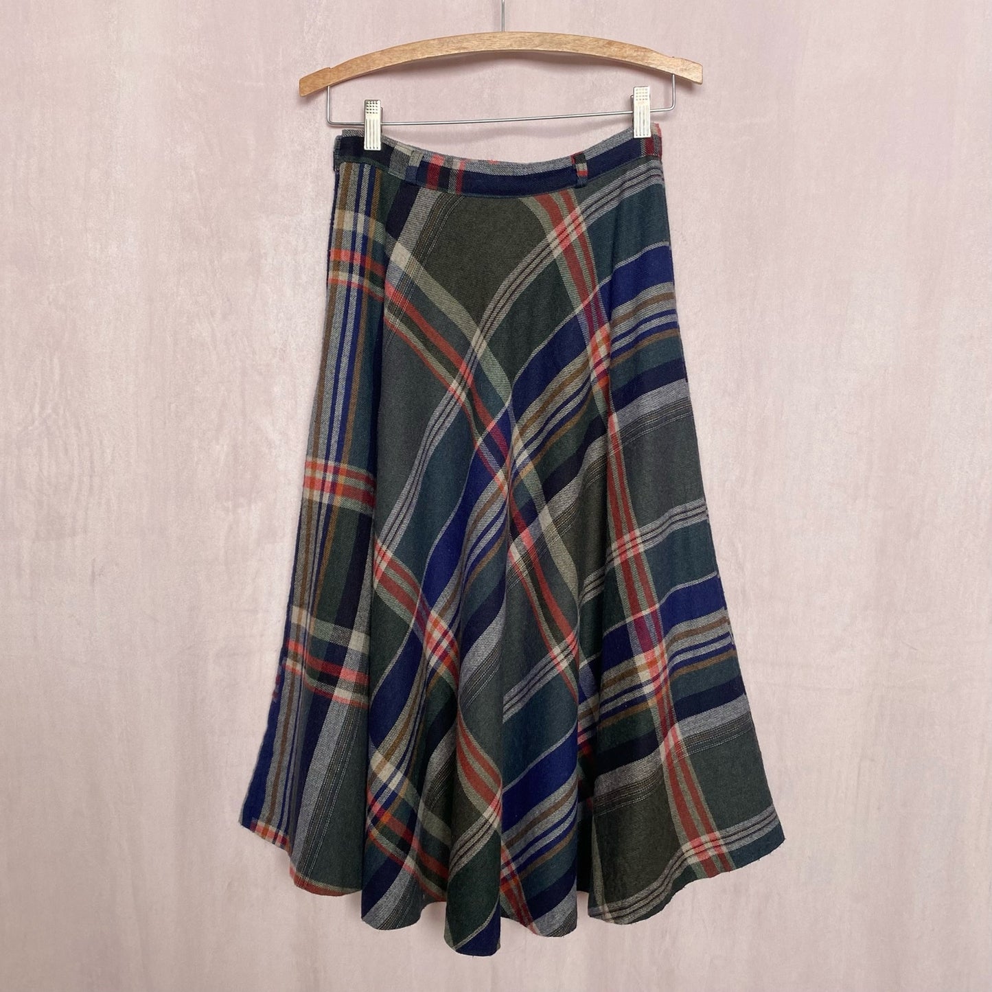 Vintage Plaid Wool Blend A-Line Midi Skirt, Size 25”