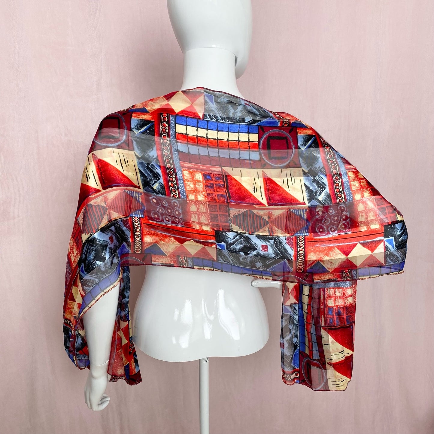 Secondhand Sheer Satin Red Blue Cream Abstract Scarf Top