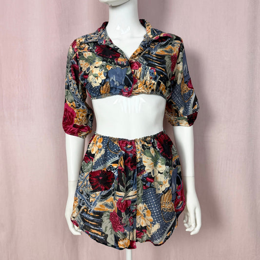 Upcycled Vintage Silk Floral Button Up Skirt Set, Size XS