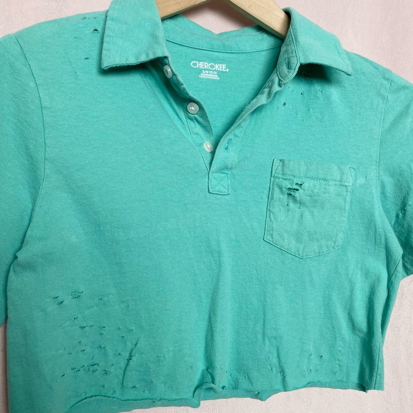 Upcycled Cherokee Distressed Polo Crop Top, Size XS