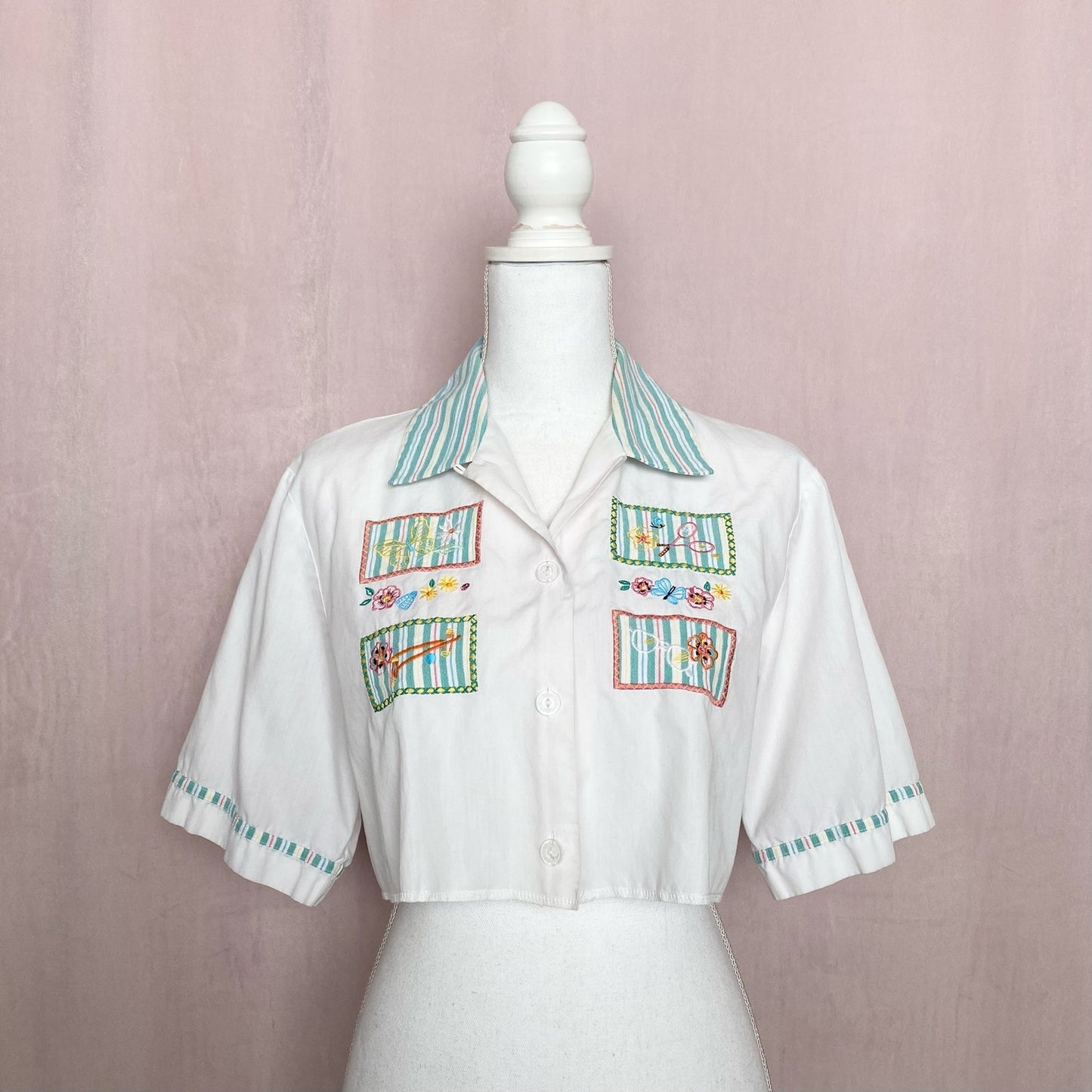 Upcycled Vintage Embroidered Crop Button Up Shirt, Size Large