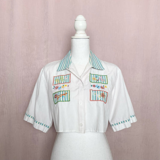 Upcycled Vintage Embroidered Crop Button Up Shirt, Size Large