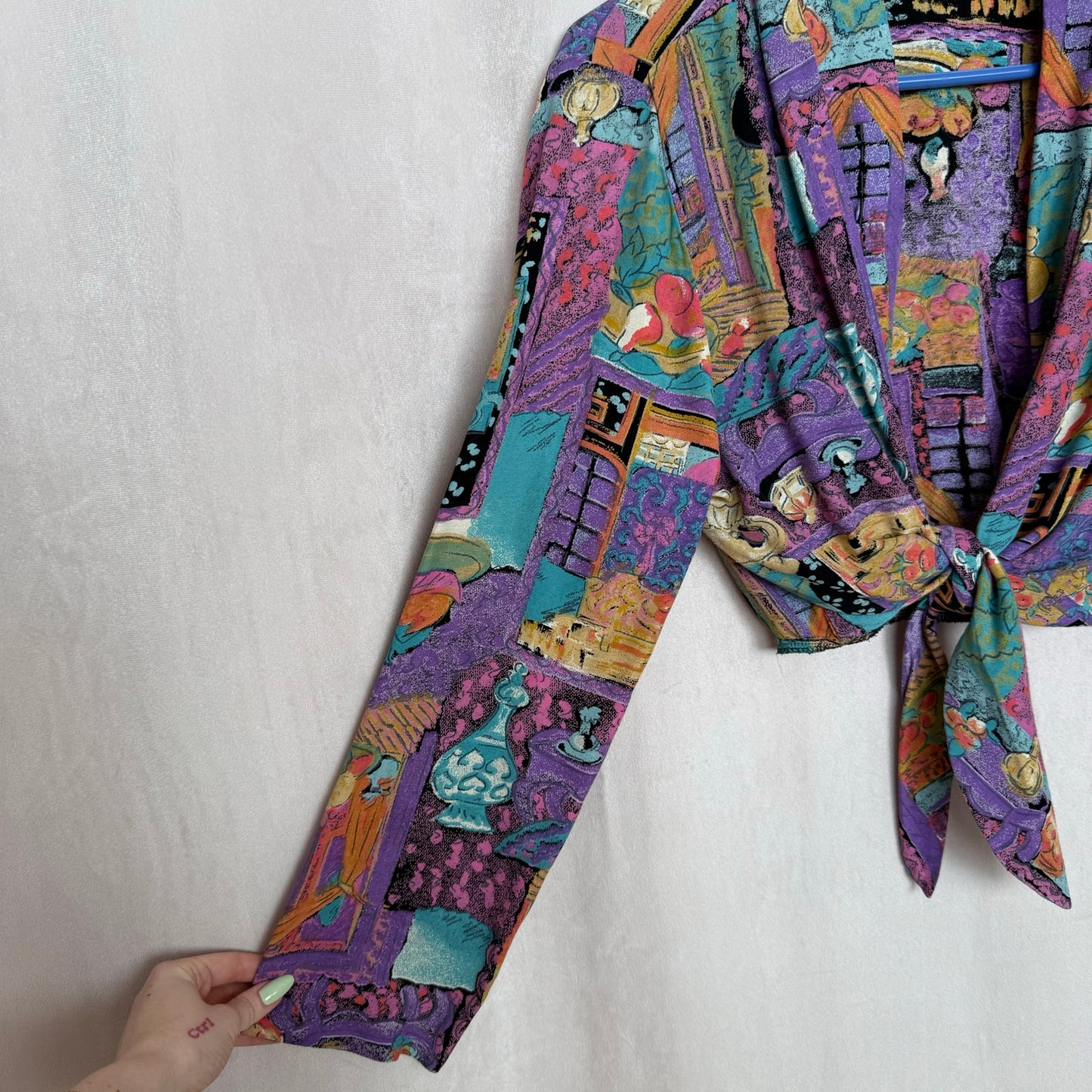 Upcycled Vintage Abstract Tie Front Crop Top, Size XS