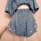 Upcycled Vintage Denim Bleach Heart Button Front Skirt Set, Size M/L