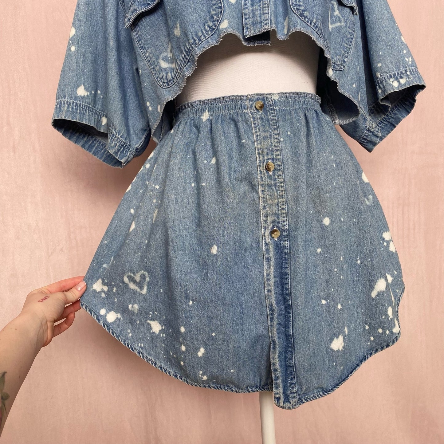 Upcycled Vintage Denim Bleach Heart Button Front Skirt Set, Size M/L