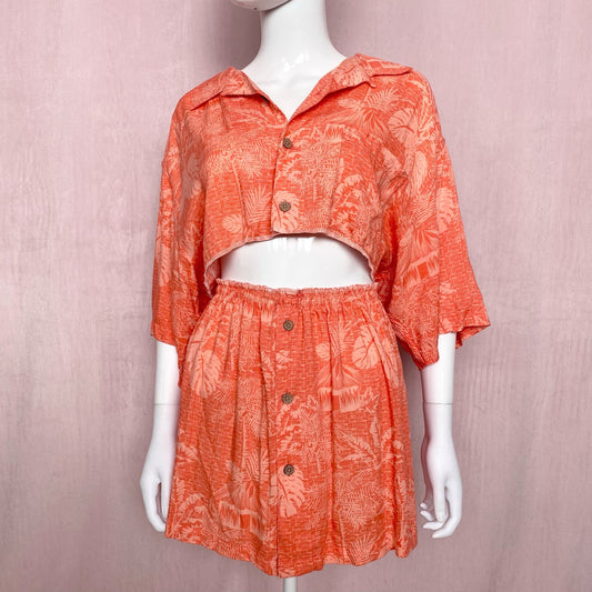 Upcycled Hawaiian Crop Button Up Shirt & Skirt Set, Size Large