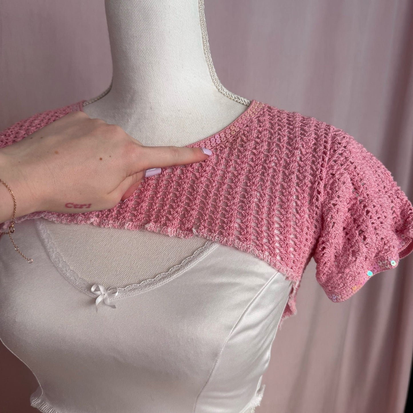 Upcycled Vintage Pink Crochet Shrug & Skirt Set, Size Small