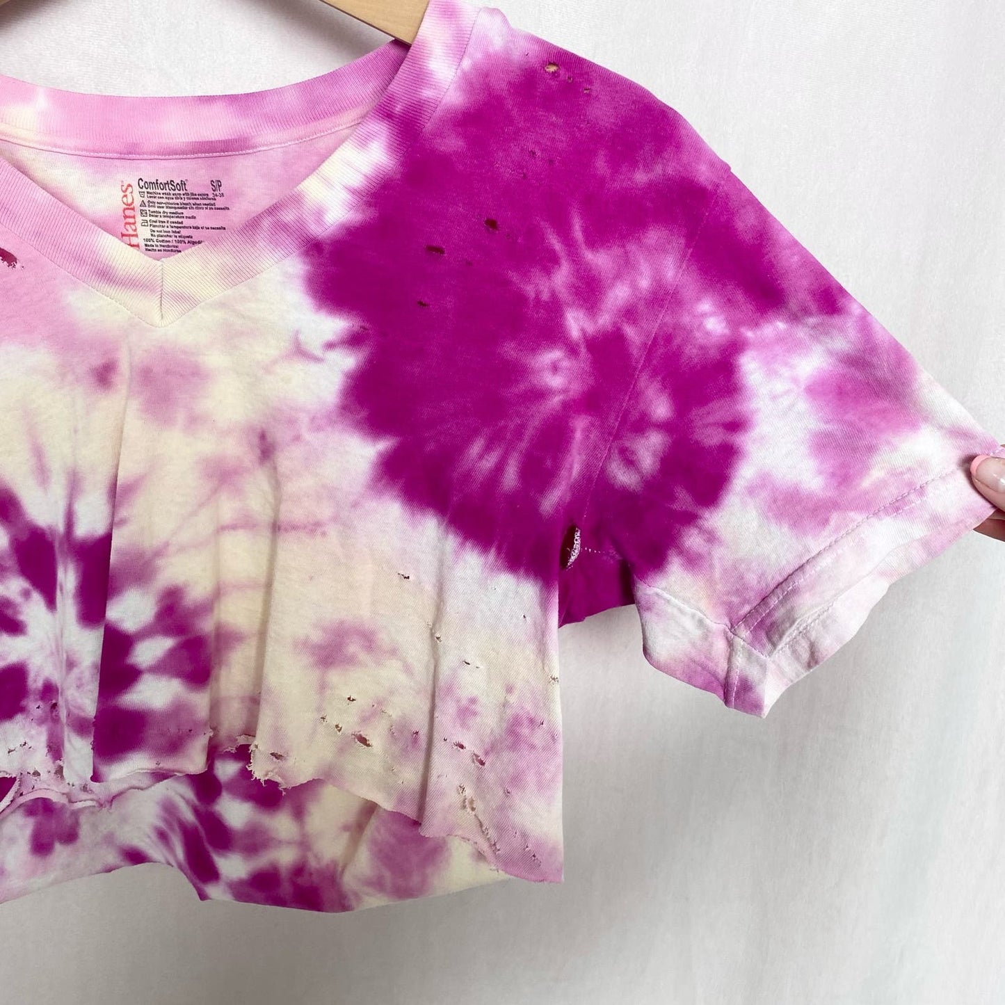 Upcycled Distressed Pink Purple Tie Dye Crop Tee, Size Small