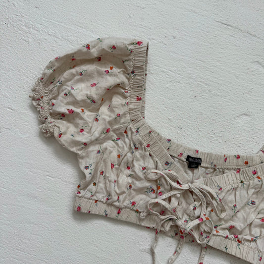 Secondhand Wild Fable Linen Blend Floral Tie Front Crop Top, Size Small