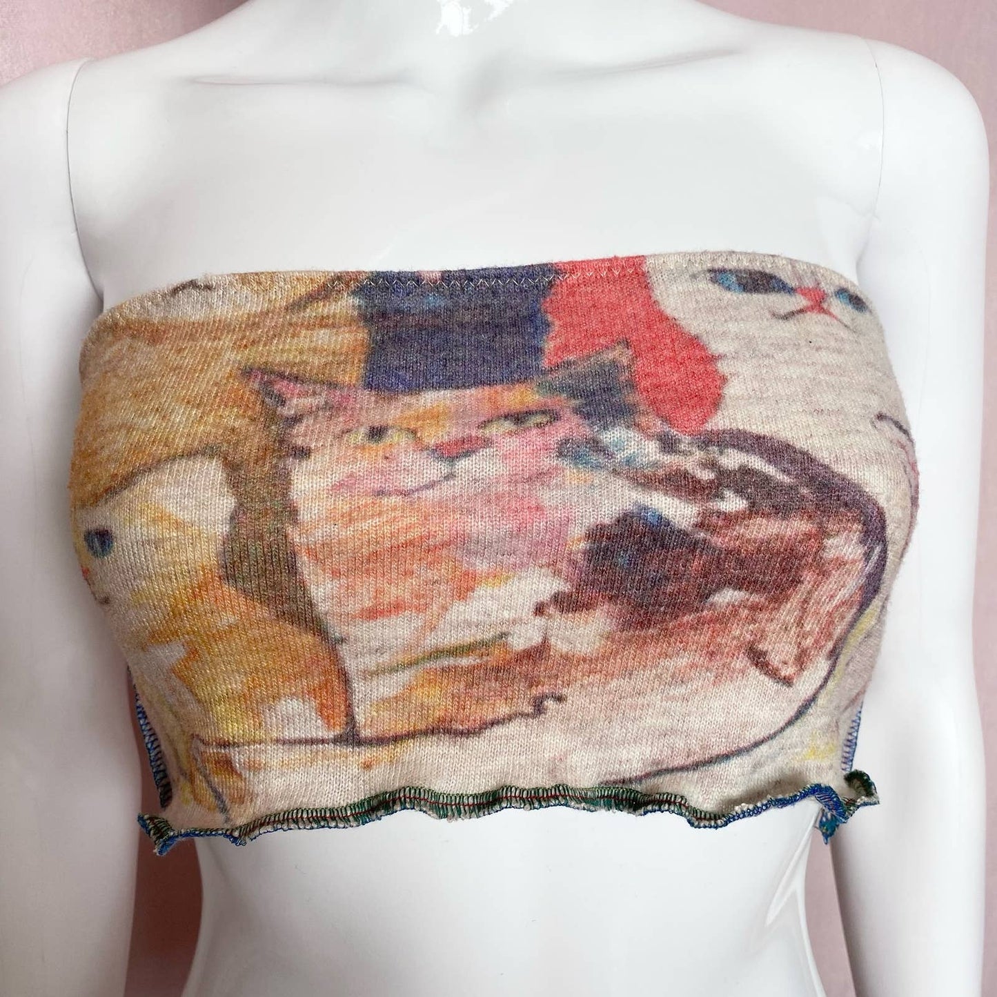 Upcycled Knit Cats Crop Tube Top, Size S/M