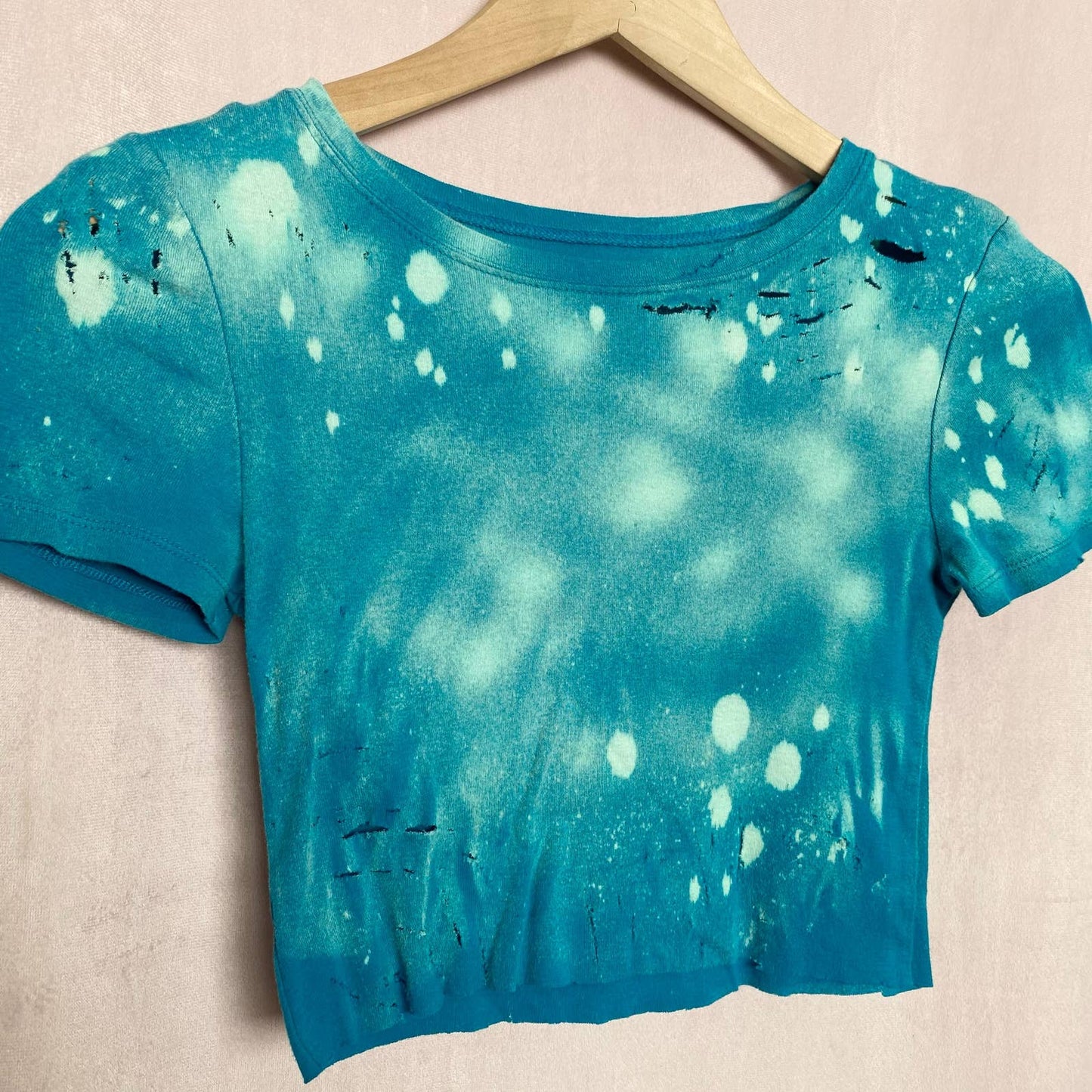 Reworked Distressed Acid Wash Blue Crop Tee, Size XS