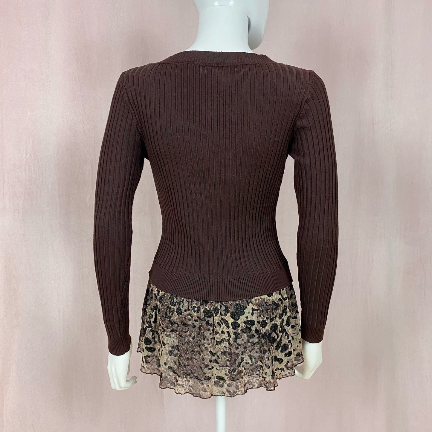 Vintage Ribbed Cardigan Leopard Print Mesh Top, Size Small