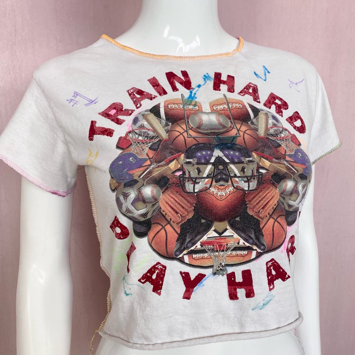 Upcycled Train Hard Play Hard Graphic Crop Baby Tee, Size XS