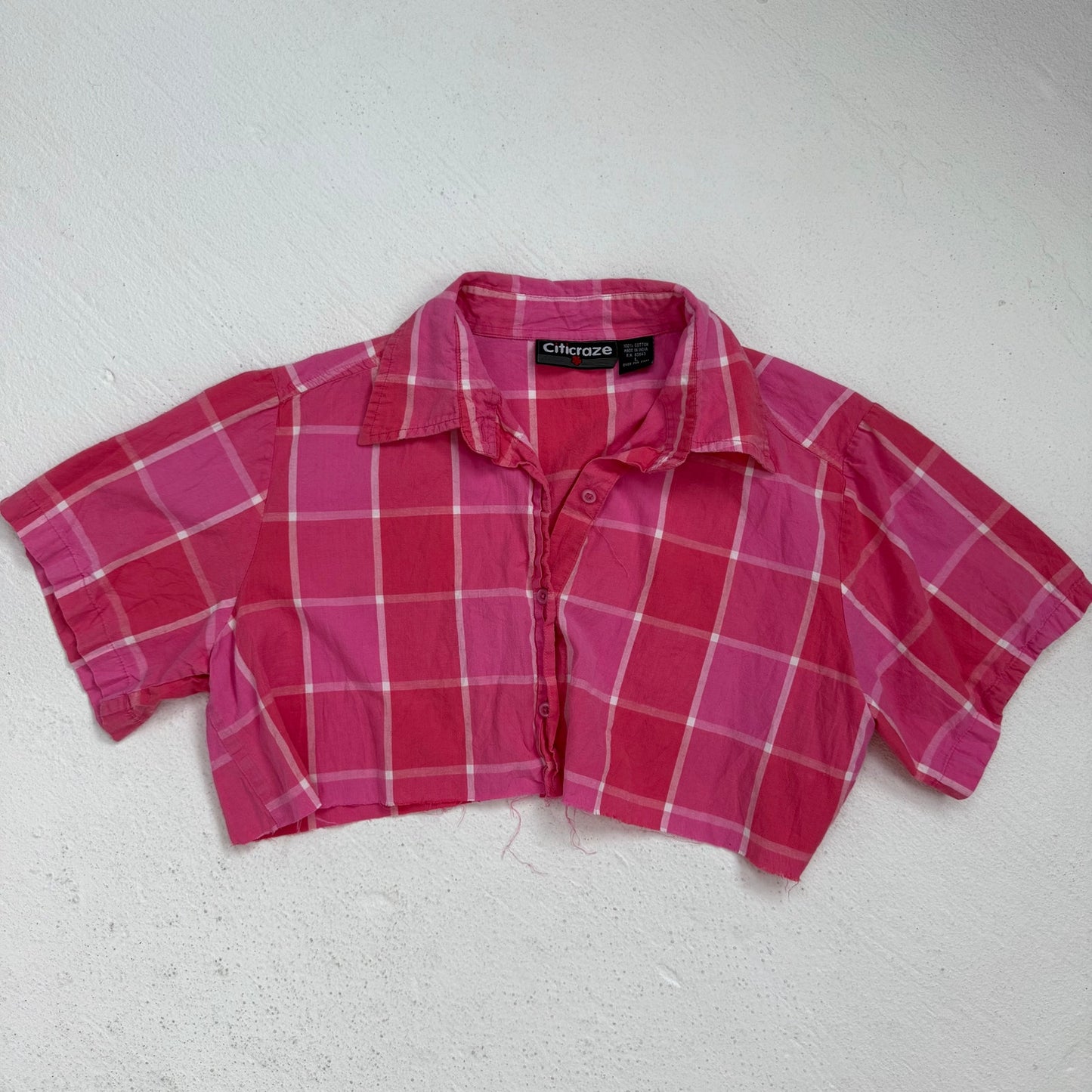 Upcycled Vintage Citicraze Pink Plaid Cropped Button Up Shirt, Size Large