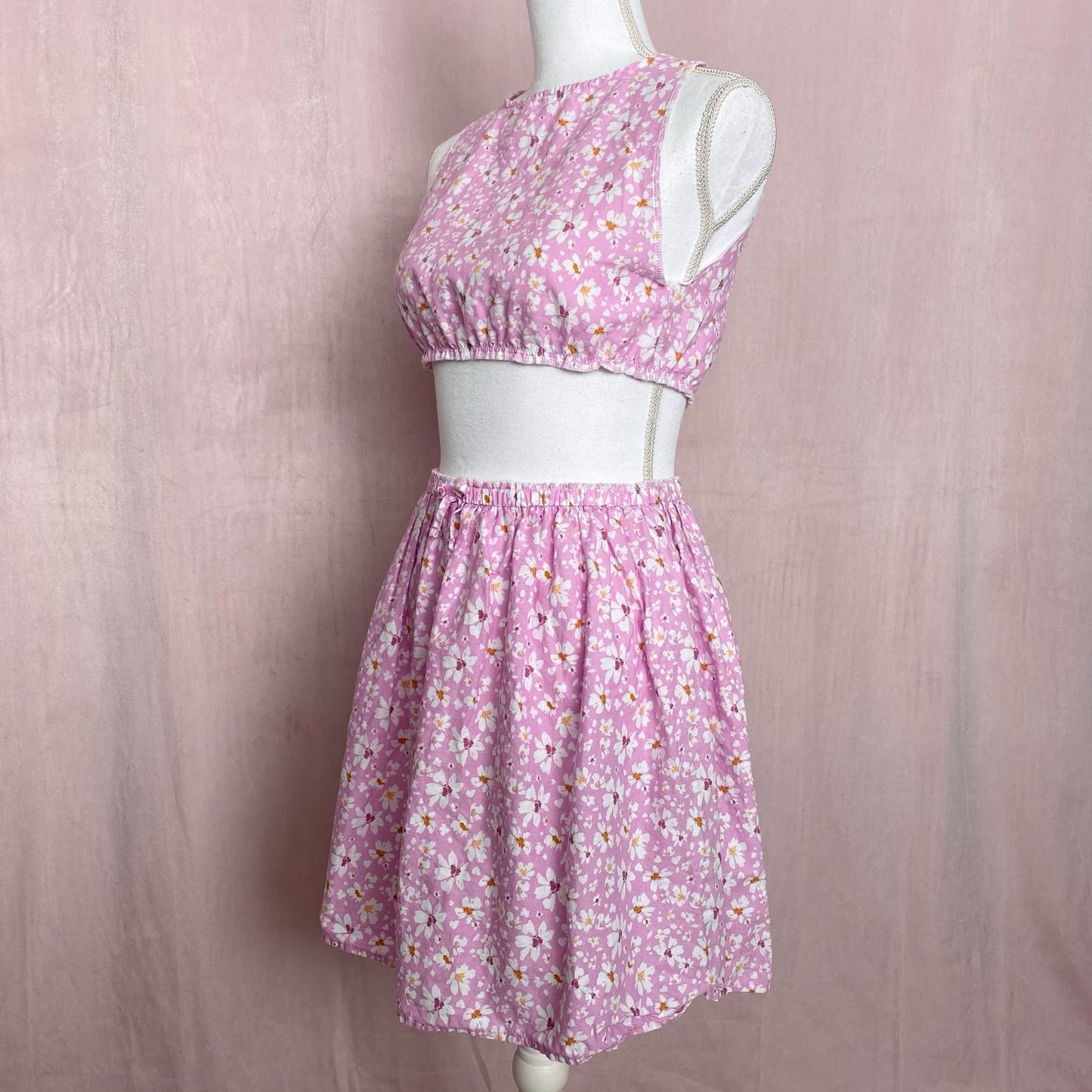 Upcycled Pink Floral Linen Blend Crop Top & Skirt Set, Size XS
