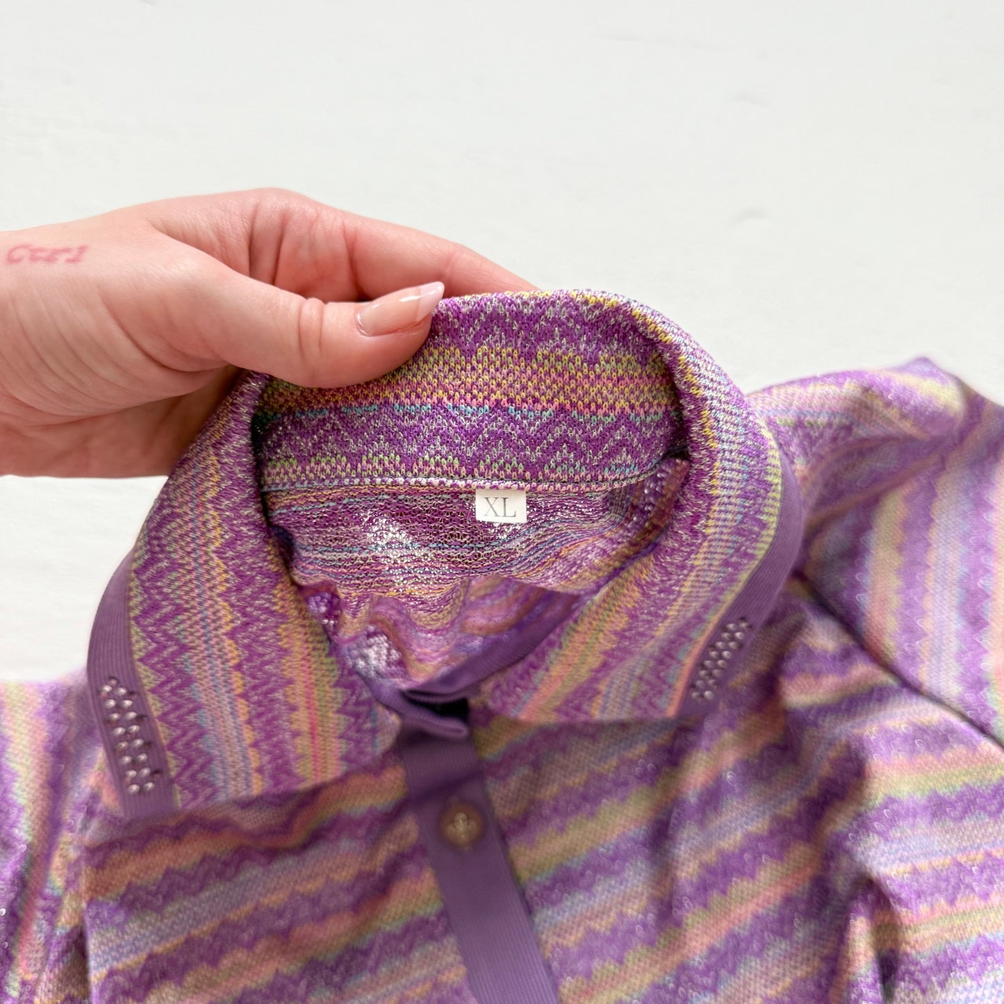 Secondhand Purple Zigzag Metallic Stripe Knit Button Up Rhinestone Collar, Size XL
