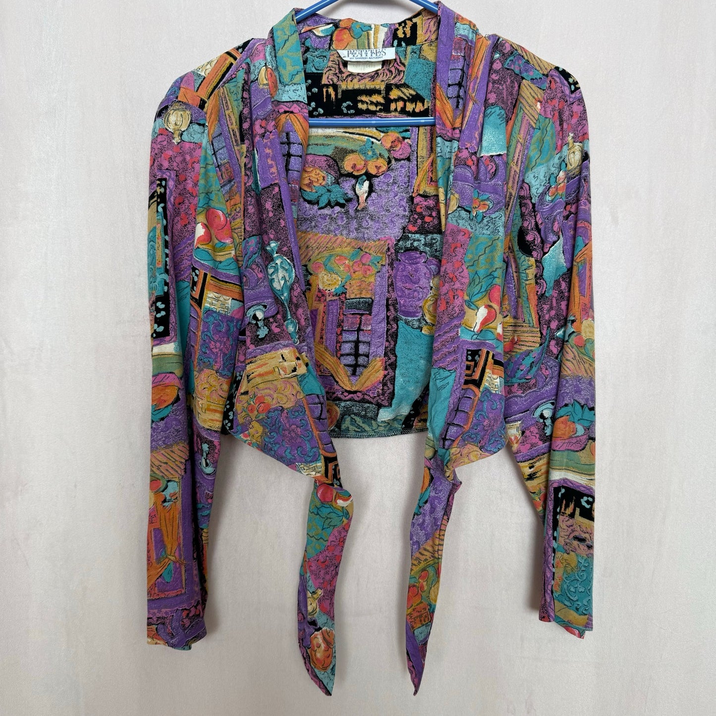 Upcycled Vintage Abstract Tie Front Crop Top, Size XS
