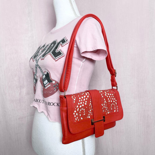 Secondhand Coral Vegan Leather Laser Cut Shoulder/Crossbody Flap Bag